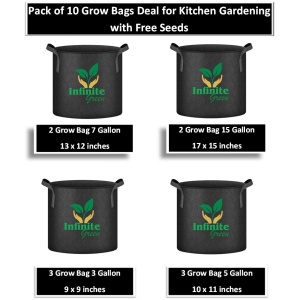 2 Grow Bags 15 Gallon, 2 Grow Bags 7 Gallon, 3 Grow Bags 5 Gallon, 3 Grow Bags 3 Gallons. Pack of 10 Grow Bags with Free seeds